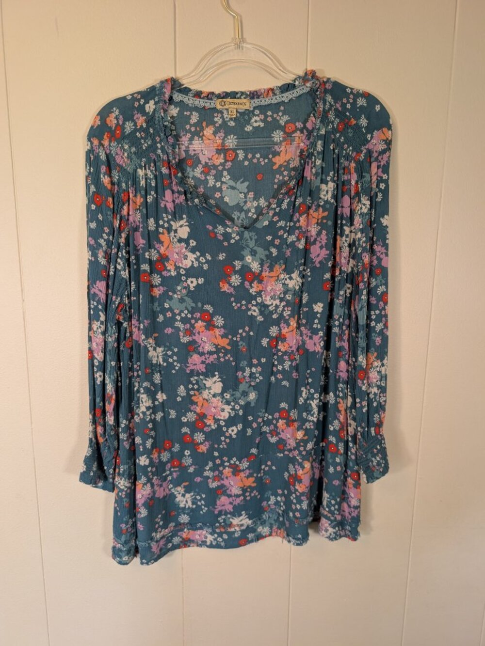 FLORAL Boho Blouse XL Teal Smocked Long Sleeve Rayon Cottagecore Democracy